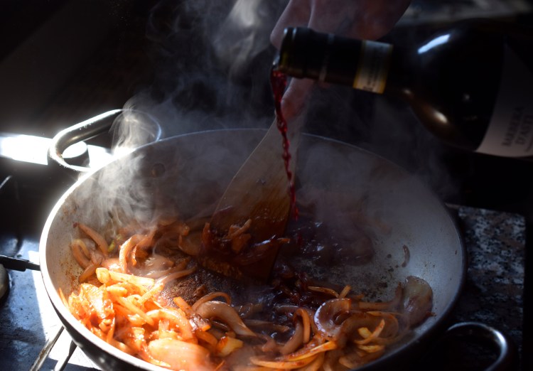 onions cooked with red wine